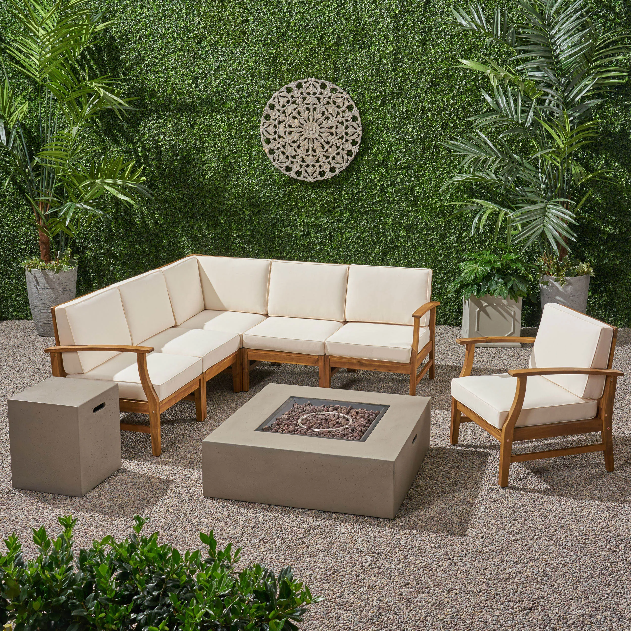 Outdoor 6 Seater Acacia Wood Sofa Set with Square Fire Table and Tank - NH106503 patio chairs, outdoor seating