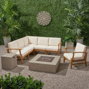 Outdoor 6 Seater Acacia Wood Sofa Set with Square Fire Table and Tank - NH106503 patio chairs, outdoor seating
