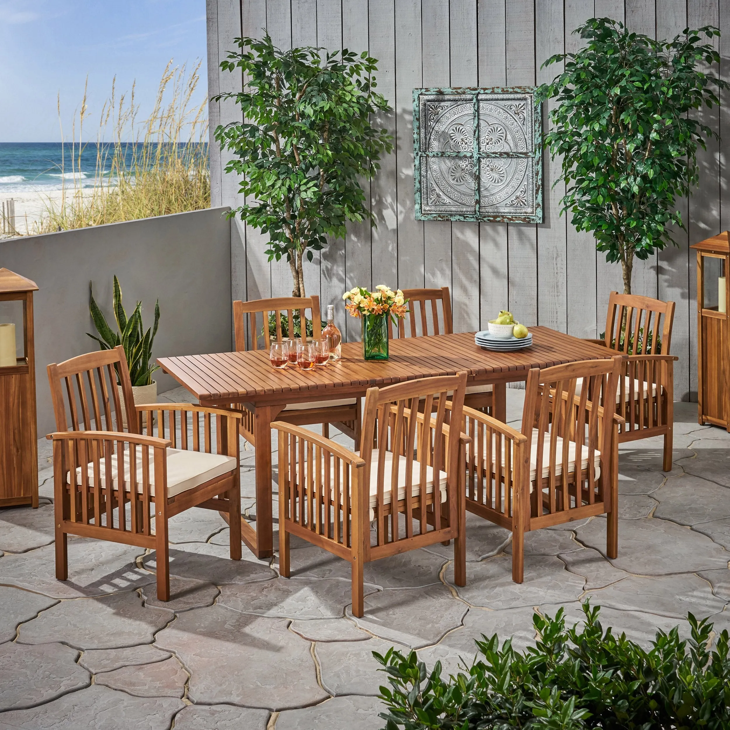 Outdoor 6 Seater Expandable Acacia Wood Dining Set - NH086903 dining table set, round dining table