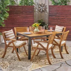 Outdoor 6-Seater Rectangular Acacia Wood and Iron Dining Set, Teak with Black and Cream - NH303603 patio chairs, outdoor seating