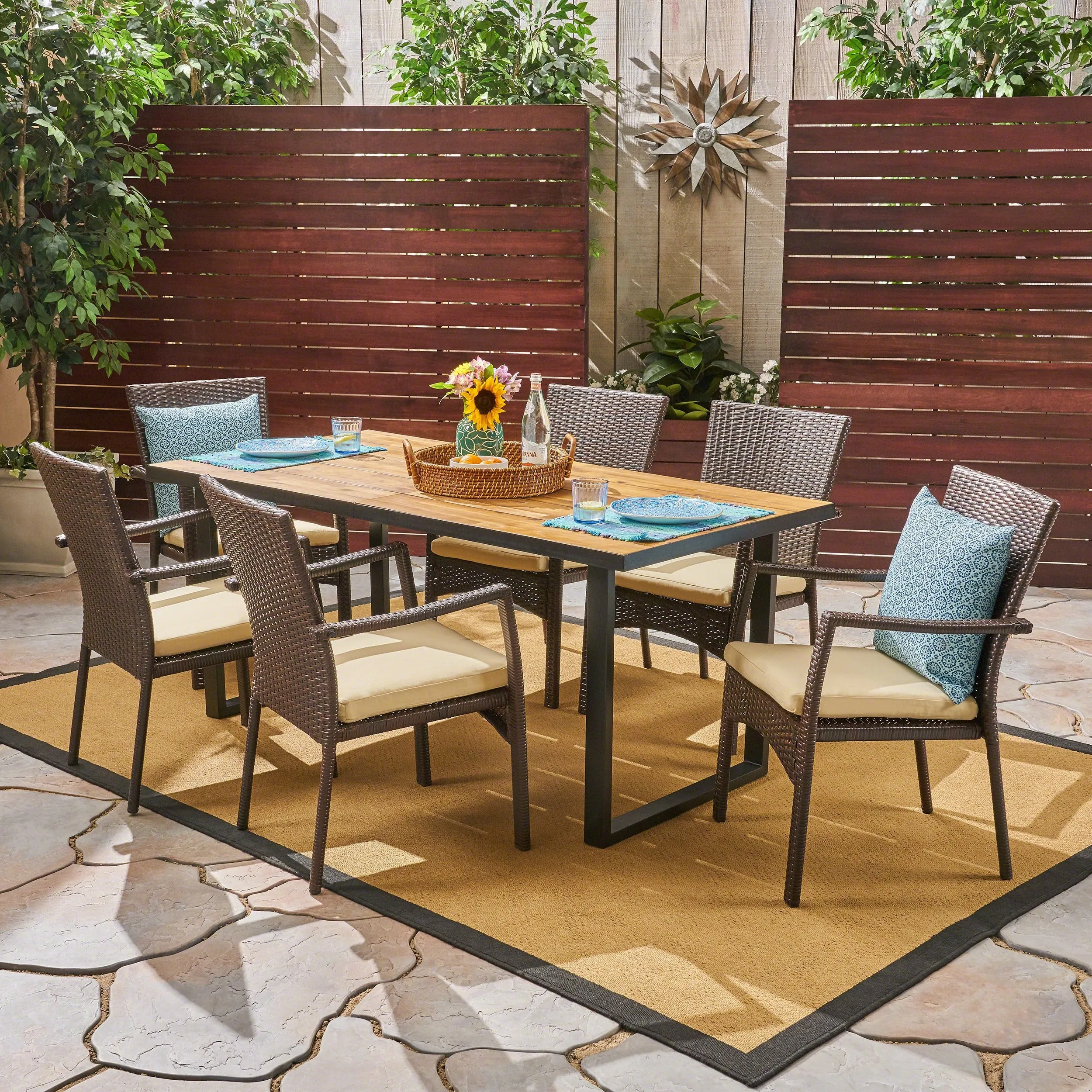 Outdoor 6-Seater Rectangular Acacia Wood and Wicker Dining Set, Teak with Black and Brown with Cream - NH892603 patio chairs, outdoor seating