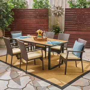 Outdoor 6-Seater Rectangular Acacia Wood and Wicker Dining Set, Teak with Black and Brown with Cream - NH892603 patio chairs, outdoor seating