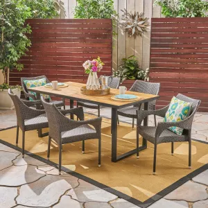 Outdoor 6-Seater Rectangular Acacia Wood and Wicker Dining Set, Teak with Black and Multi Brown - NH103603 patio chairs, outdoor seating