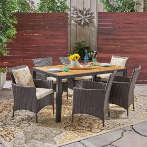 Outdoor 6-Seater Rectangular Acacia Wood and Wicker Dining Set, Teak with Black and Multi Brown with Beige - NH703603 patio chairs, outdoor seating