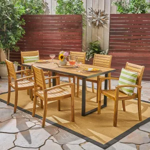 Outdoor 6-Seater Rectangular Acacia Wood Dining Set, Teak and Black - NH203603 patio chairs, outdoor seating