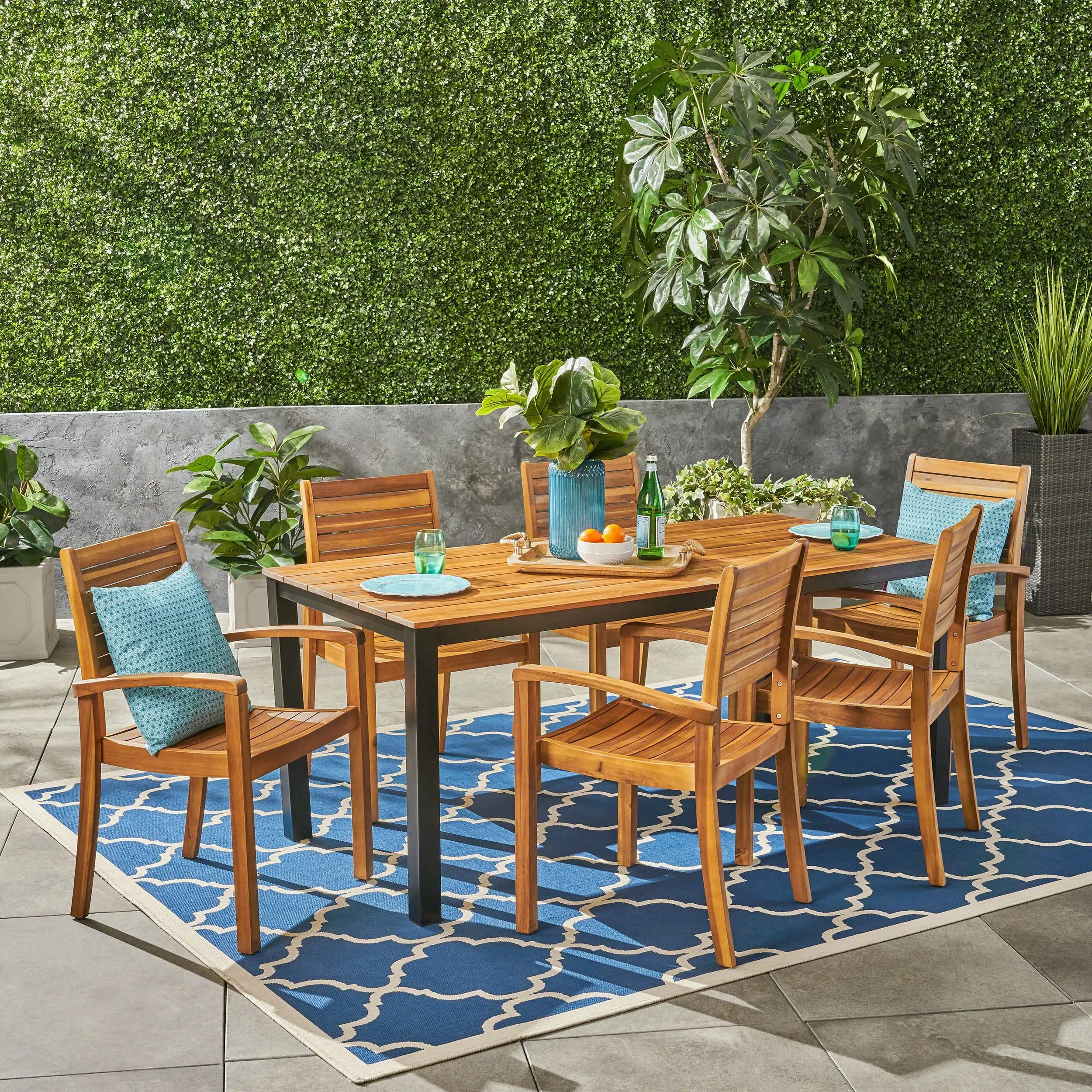 Outdoor 6-Seater Rectangular Acacia Wood Dining Set, Teak Finish - NH984603 patio chairs, outdoor seating