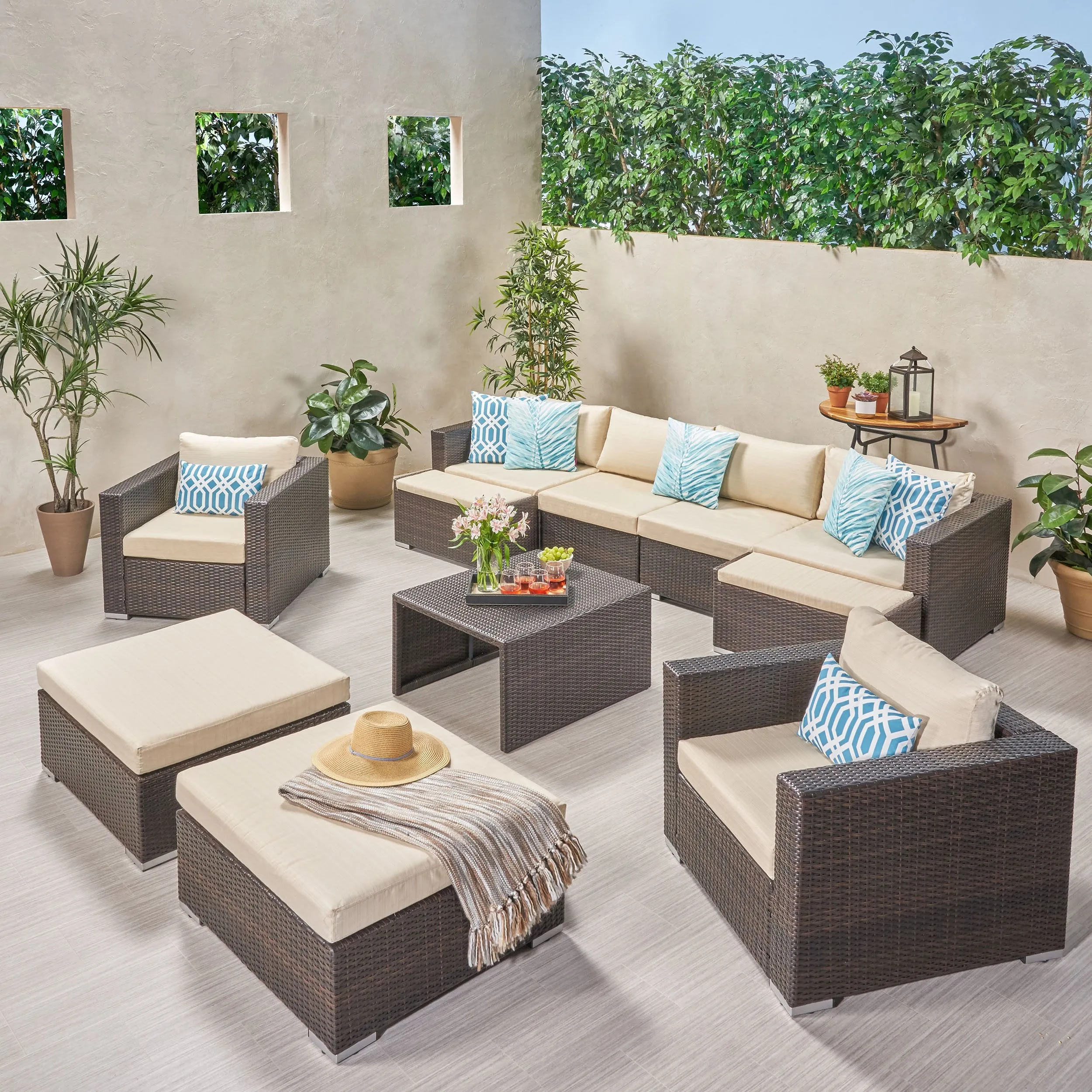 Outdoor 6 Seater U Shaped Wicker Sectional Sofa Chat Set with Ottomans - NH379903 patio chairs, outdoor seating