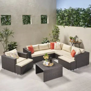 Outdoor 6 Seater V Shaped Wicker Sectional Sofa Set with Ottomans - NH769903 serving bowl, serving dish