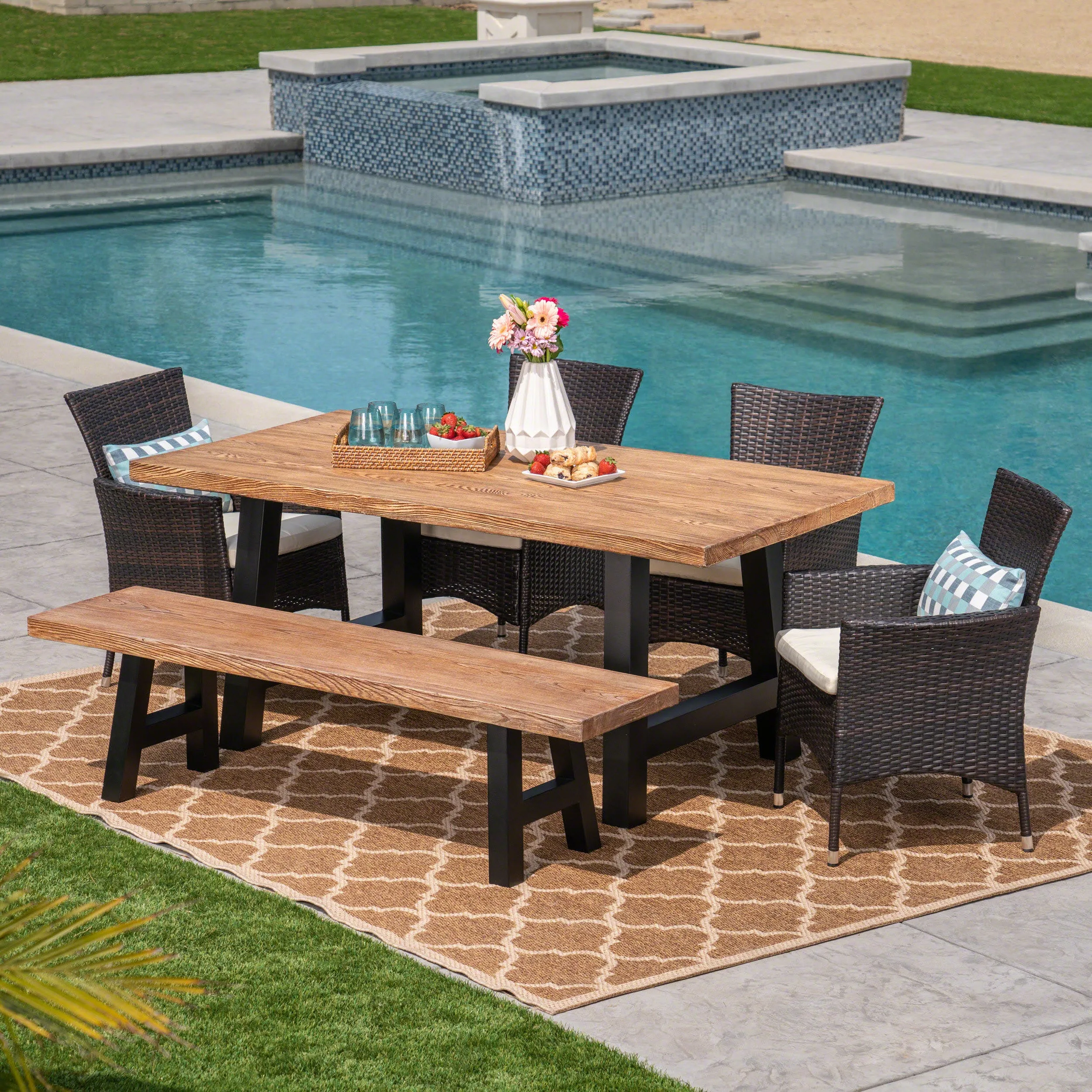 Outdoor 6 Seater Wicker & Concrete Dining Set With Bench - NH197303 patio chairs, outdoor seating