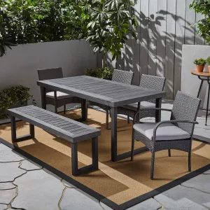 Outdoor 6-Seater Wood and Wicker Chair and Bench Dining Set - NH319503 patio chairs, outdoor seating