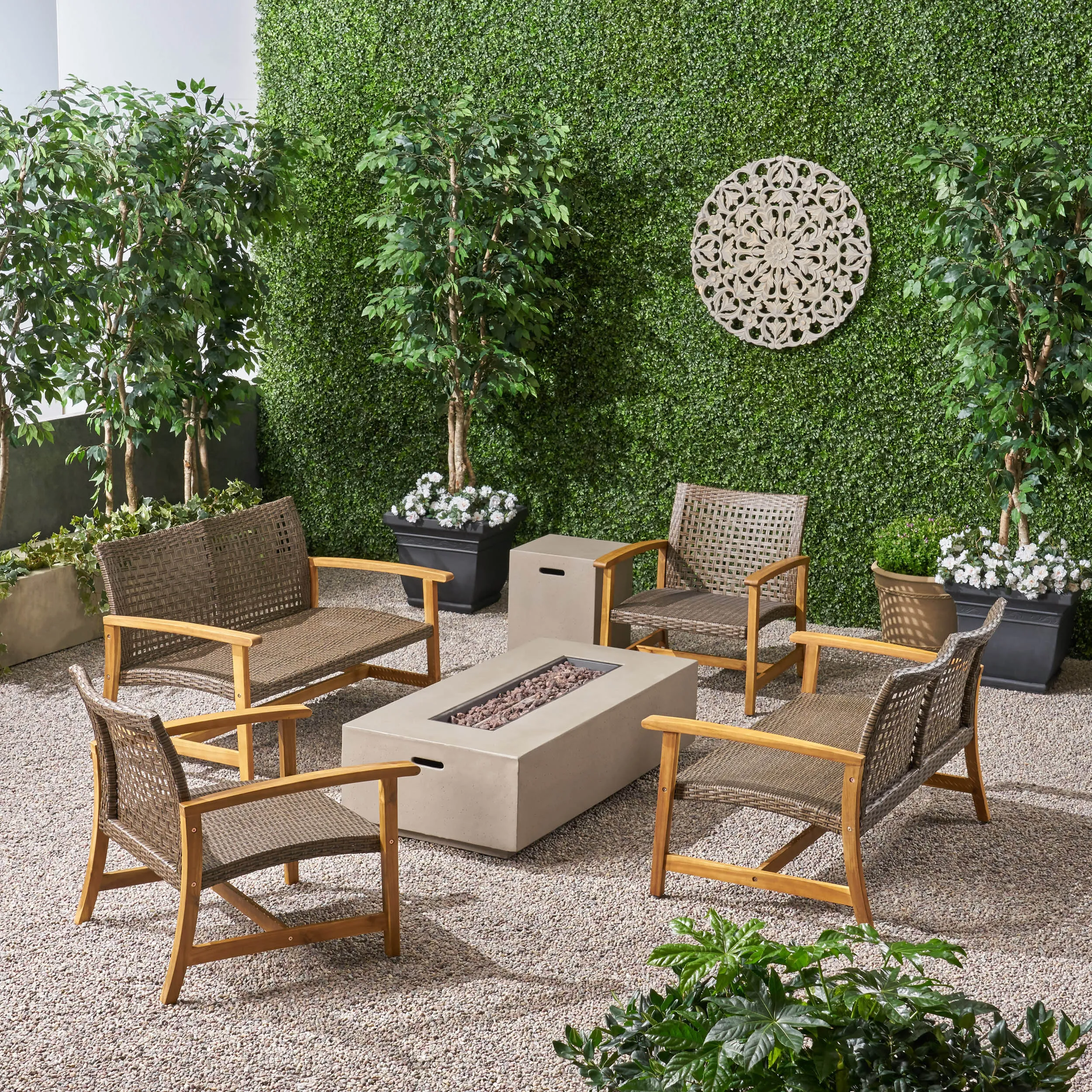 Outdoor 6 Seater Wood and Wicker Chat Set with Fire Pit - NH281803 patio chairs, outdoor seating