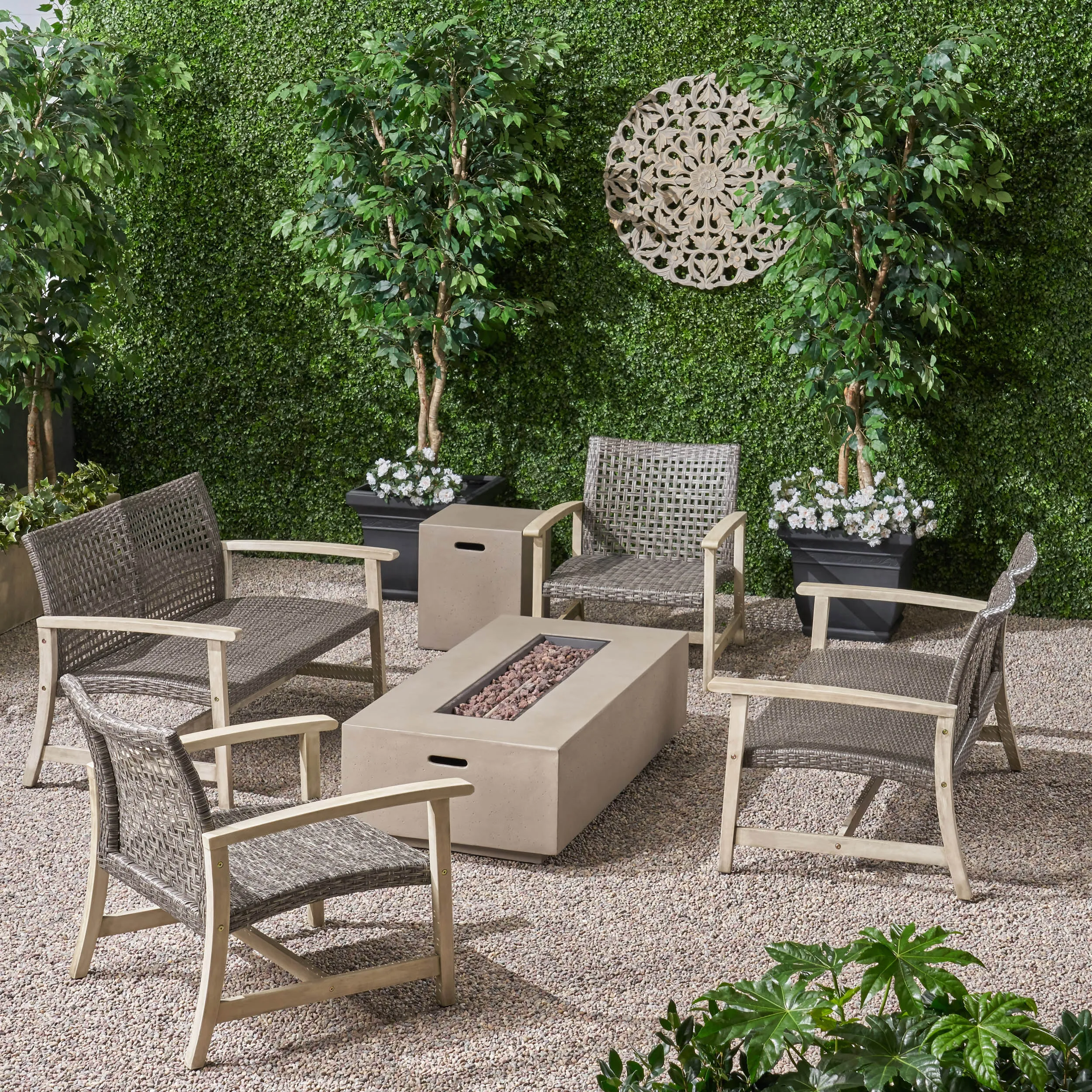 Outdoor 6 Seater Wood and Wicker Chat Set with Fire Pit - NH281803