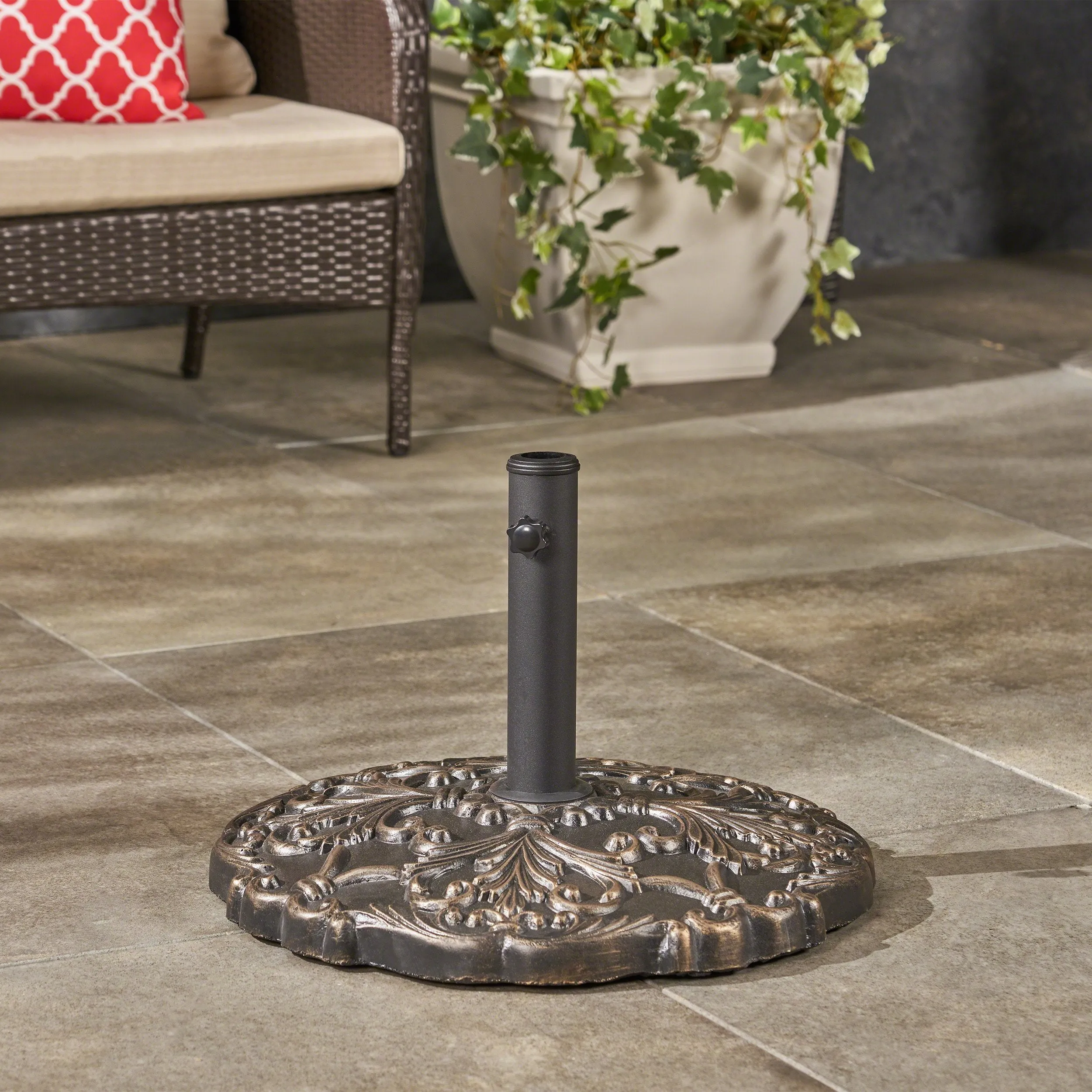 Outdoor 66lb Concrete Circular Umbrella Base, Hammered Dark Copper - NH566403 cowhide rug, luxury rug