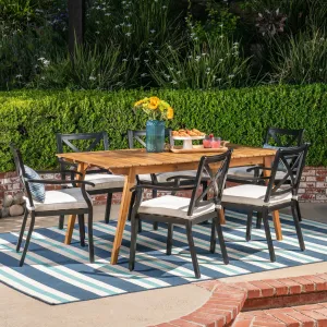 Outdoor 7 Piece Acacia Wood and Aluminum Dining Set, Teak and Black with Ivory Cushions - NH837403 patio chairs, outdoor seating