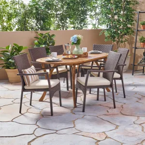 Outdoor 7 Piece Acacia Wood and Wicker Dining Set, Teak with Brown Chairs - NH620503 patio chairs, outdoor seating