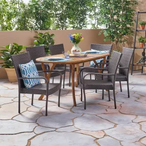 Outdoor 7 Piece Acacia Wood and Wicker Dining Set, Teak with Multi Brown Chairs - NH320503 patio chairs, outdoor seating