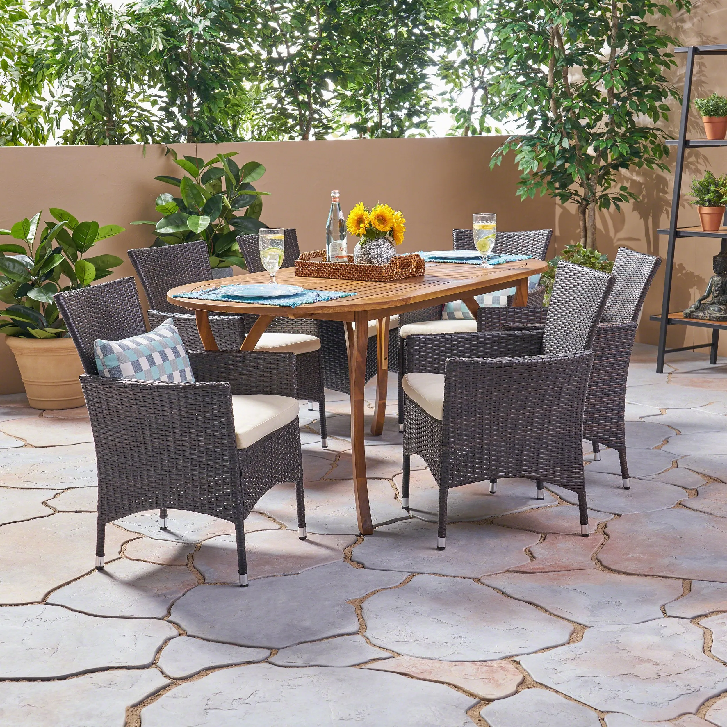 Outdoor 7 Piece Acacia Wood and Wicker Dining Set, Teak with Multi Brown Chairs - NH520503 patio chairs, outdoor seating