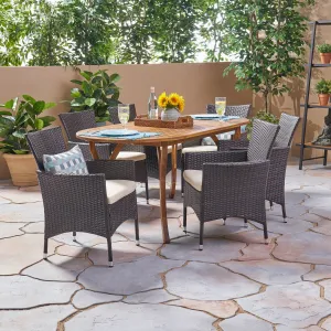 Outdoor 7 Piece Acacia Wood and Wicker Dining Set, Teak with Multi Brown Chairs - NH520503 patio chairs, outdoor seating