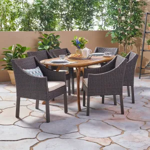 Outdoor 7 Piece Acacia Wood and Wicker Dining Set, Teak with Multi Brown Chairs - NH820503 patio chairs, outdoor seating