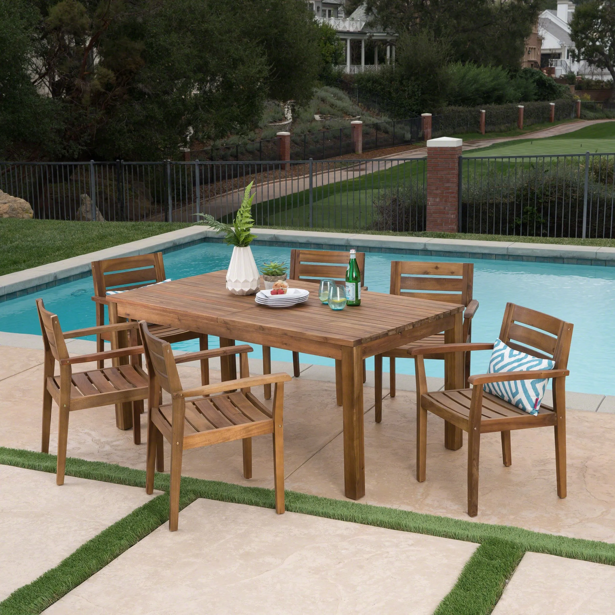 Outdoor 7 Piece Acacia Wood Dining Set with Expandable Dining Table - NH275303 patio chairs, outdoor seating