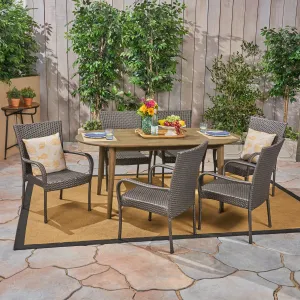 Outdoor 7 Piece Acacia Wood Dining Set with Stacking Wicker Chairs - NH532603 patio chairs, outdoor seating