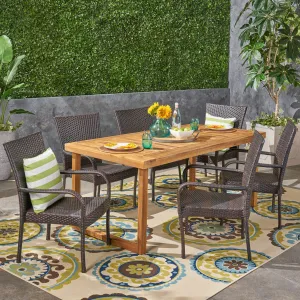 Outdoor 7 Piece Acacia Wood Dining Set with Stacking Wicker Chairs - NH832603 patio chairs, outdoor seating