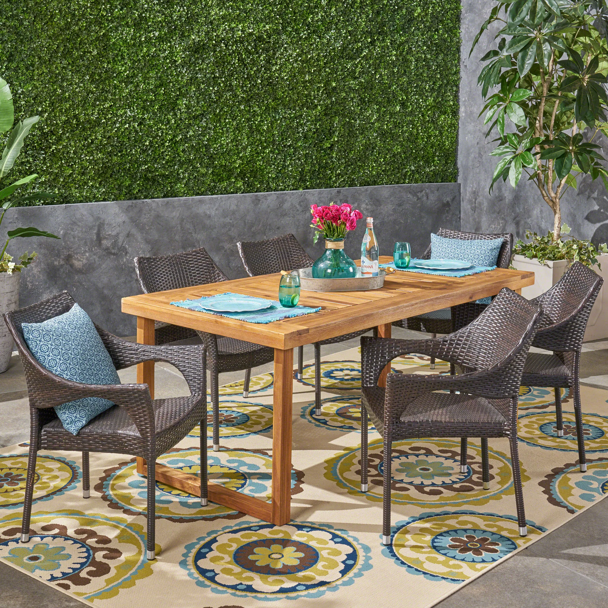 Outdoor 7 Piece Acacia Wood Dining Set with Stacking Wicker Chairs, Sandblast Natural and Multi Brown - NH042603 patio chairs, outdoor seating