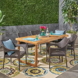 Outdoor 7 Piece Acacia Wood Dining Set with Stacking Wicker Chairs, Sandblast Natural and Multi Brown - NH042603 patio chairs, outdoor seating