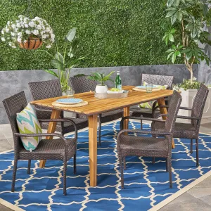 Outdoor 7 Piece Acacia Wood Dining Set with Stacking Wicker Chairs, Teak and Gray - NH852603 patio chairs, outdoor seating