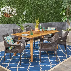 Outdoor 7 Piece Acacia Wood Dining Set with Stacking Wicker Chairs, Teak and Multi Brown - NH952603 patio chairs, outdoor seating