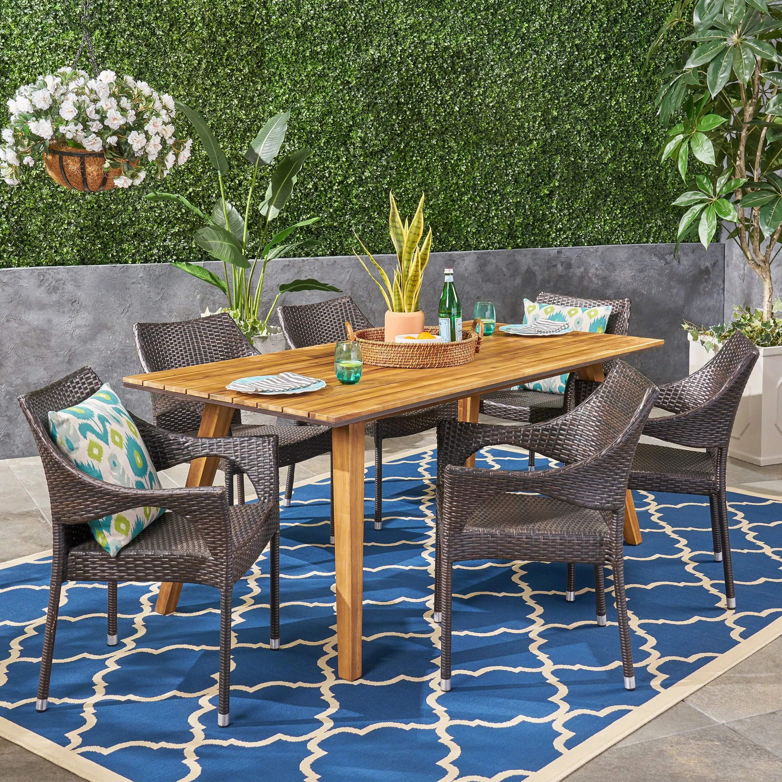 Outdoor 7 Piece Acacia Wood Dining Set with Stacking Wicker Chairs, Teak and Multi Brown - NH952603 patio chairs, outdoor seating