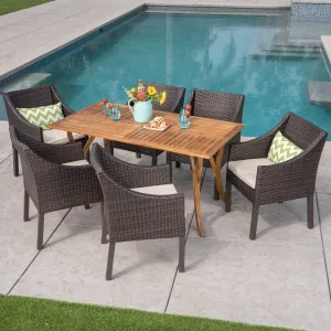 Outdoor 7 Piece Acacia Wood/ Wicker Dining Set with Cushions, Teak Finish and Multibrown with Beige - NH692403 patio chairs, outdoor seating