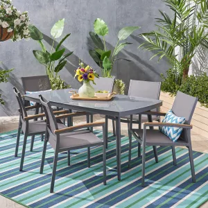 Outdoor 7 Piece Aluminum and Mesh Dining Set with Glass Top - NH004503 patio chairs, outdoor seating