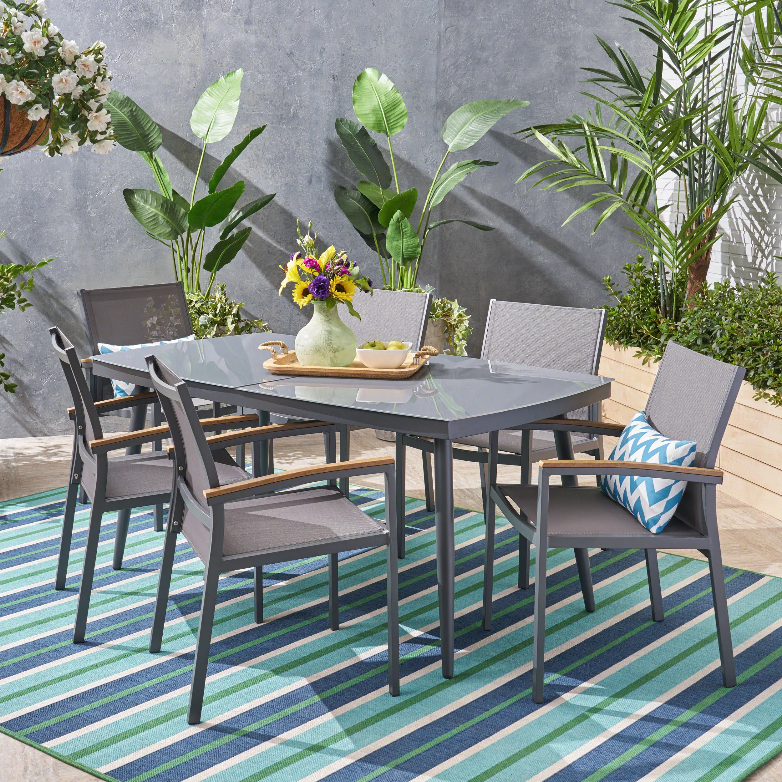 Outdoor 7 Piece Aluminum and Mesh Dining Set with Glass Top - NH004503 patio chairs, outdoor seating