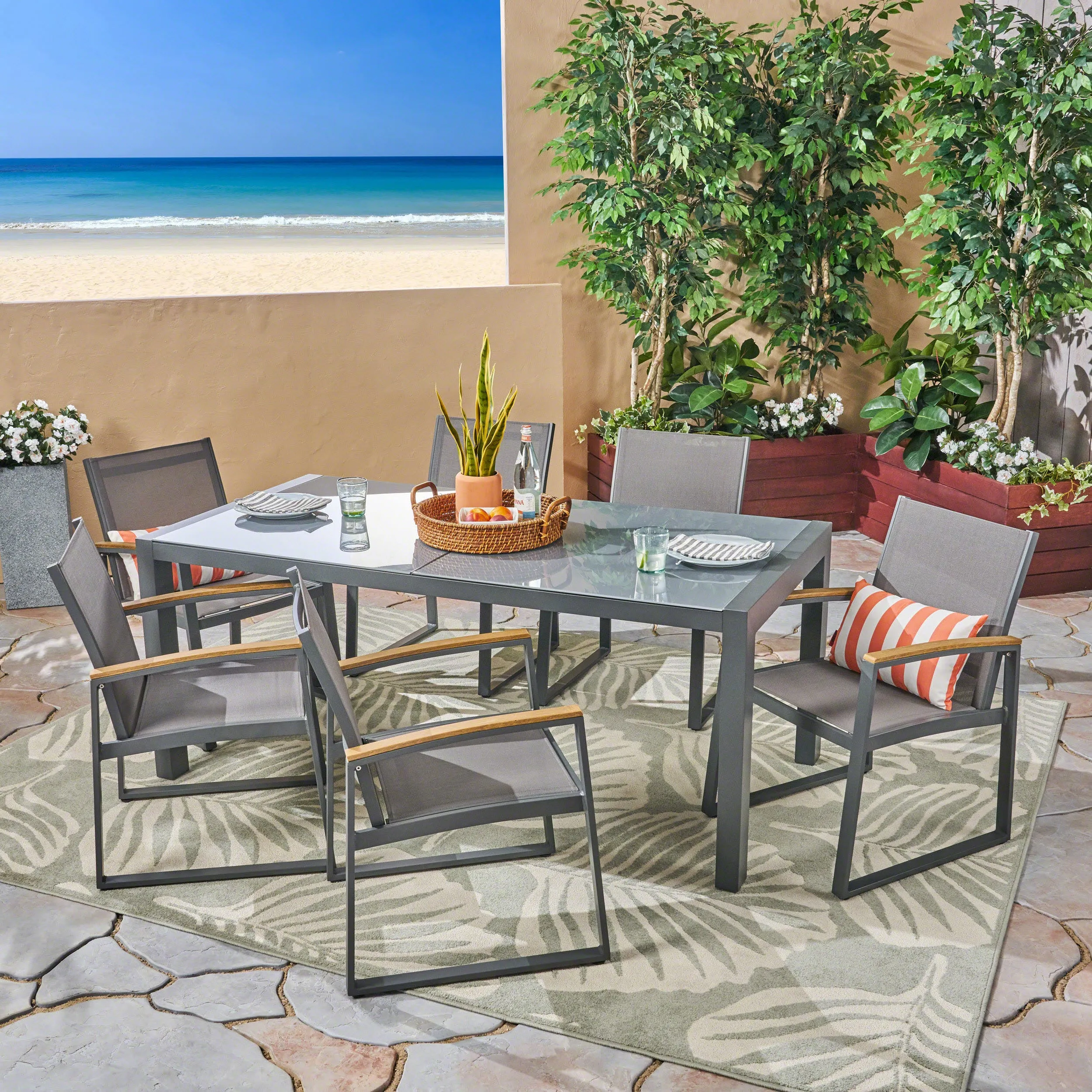 Outdoor 7-Piece Aluminum Dining Set with Glass Table Top - NH386503 patio chairs, outdoor seating
