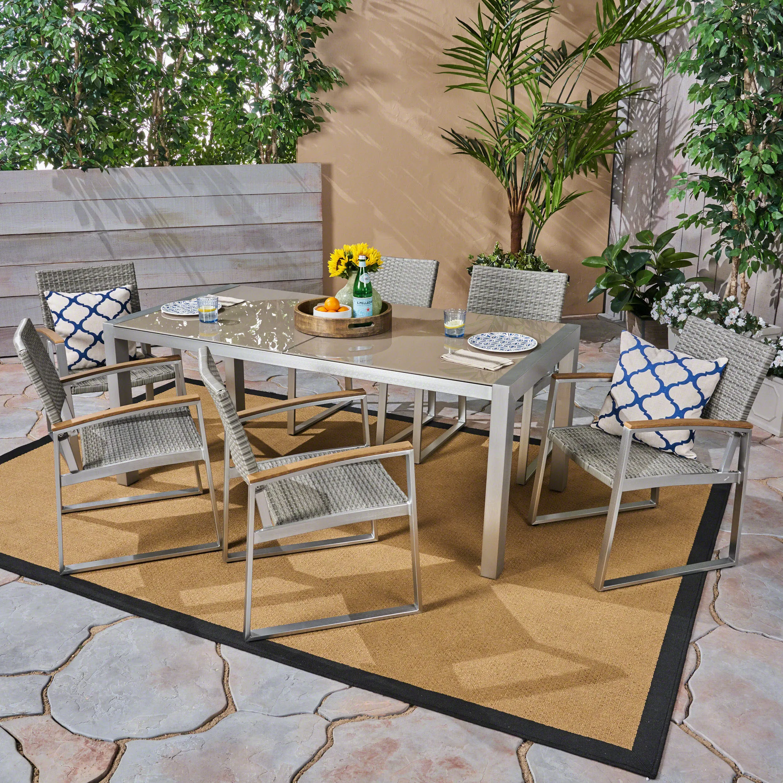Outdoor 7-Piece Aluminum Dining Set with Glass Table Top - NH386503
