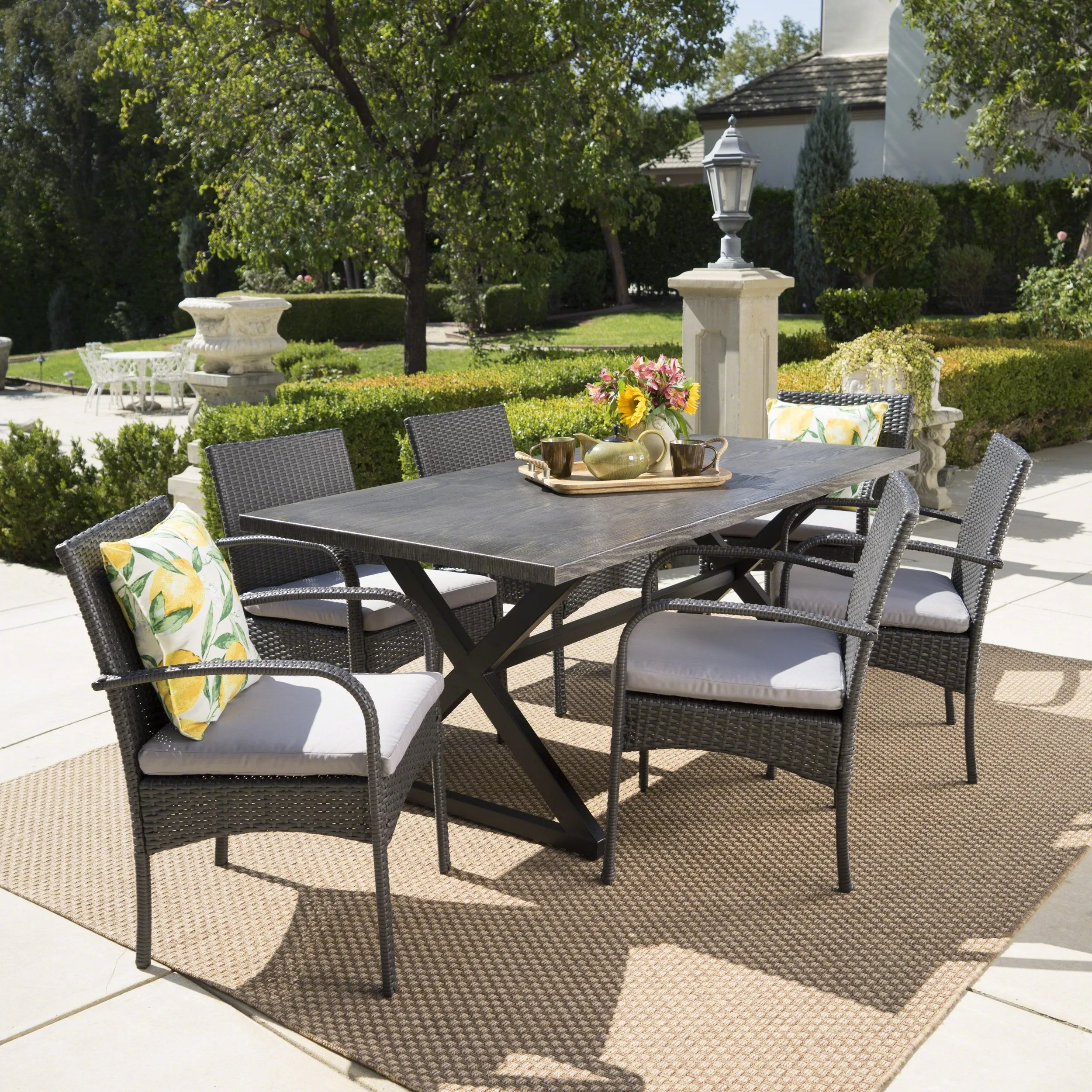 Outdoor 7 Piece Aluminum Dining Set with Wicker Dining Chairs - NH115203 patio chairs, outdoor seating