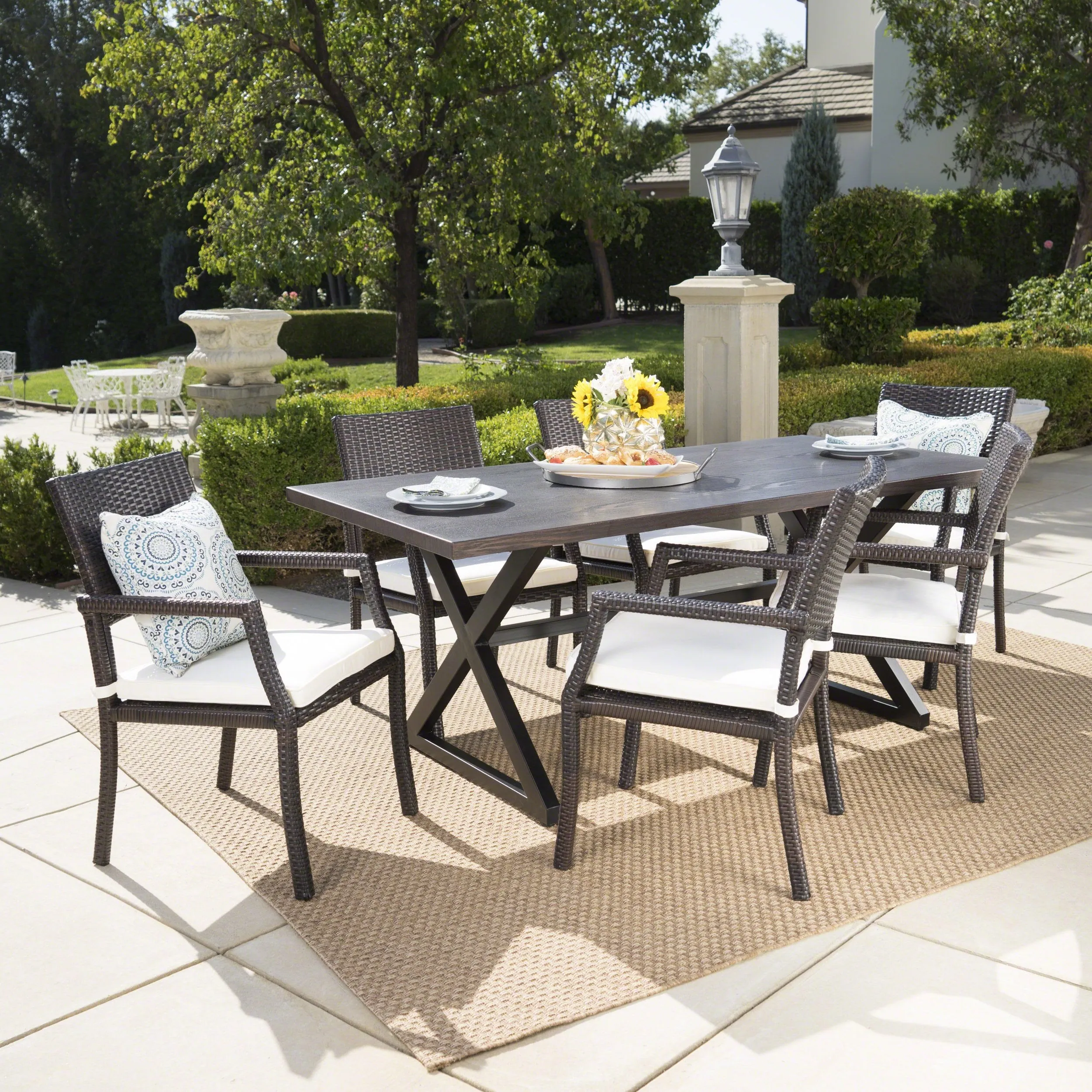 Outdoor 7 Piece Aluminum Dining Set with Wicker Dining Chairs - NH705203 patio chairs, outdoor seating