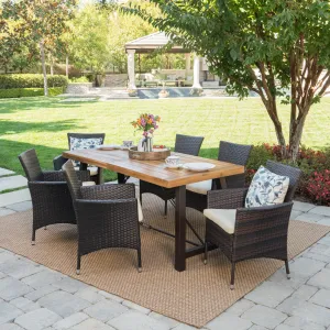 Outdoor 7 Piece Dining Set with Teak Finished Wood Table and Brown Chairs - NH842203 patio chairs, outdoor seating