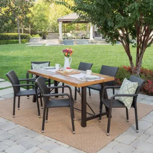 Outdoor 7 Piece Dining Set with Teak Finished Wood Table and Brown Chairs - NH942203 patio chairs, outdoor seating