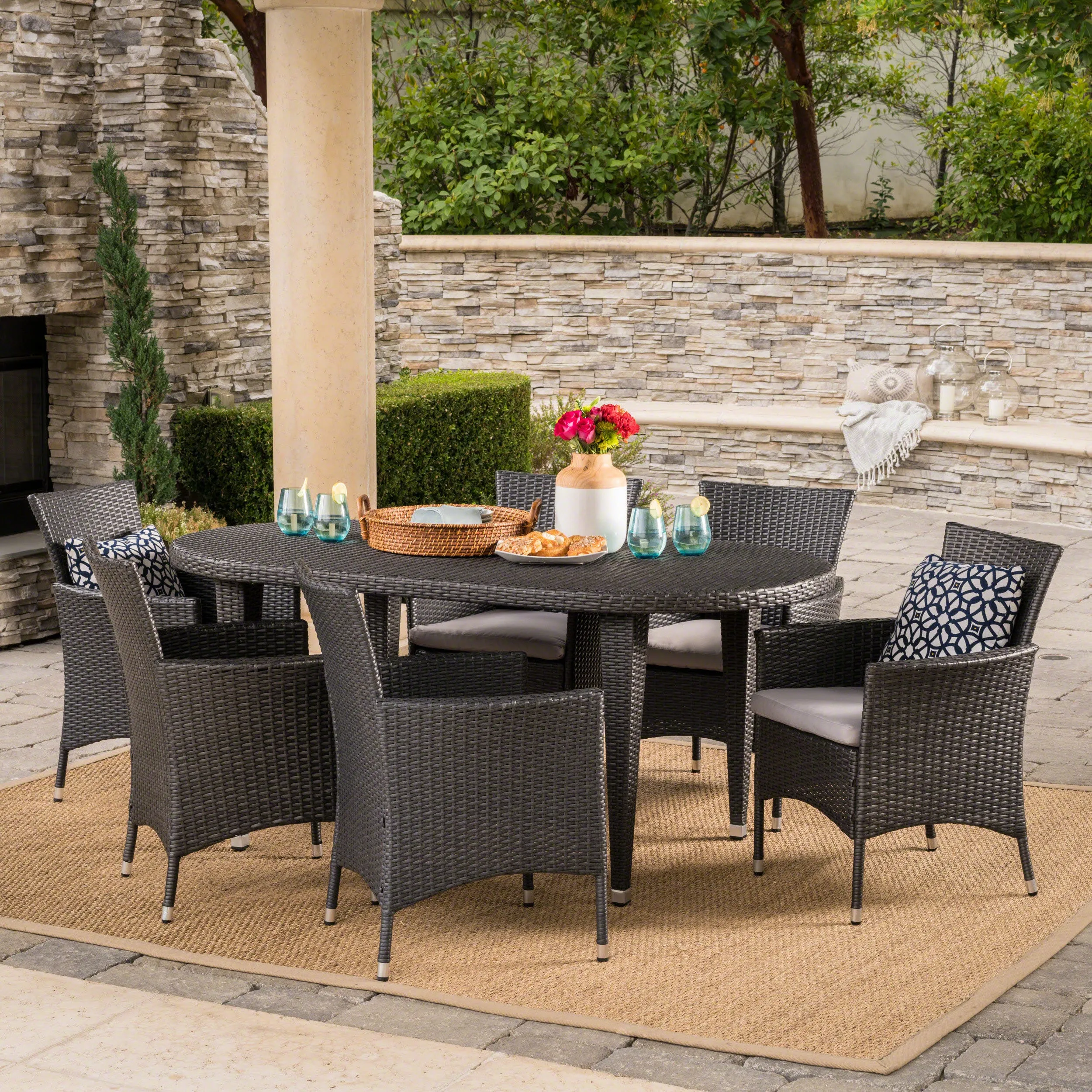 Outdoor 7 Piece Gray Wicker Oval Dining Set with Silver Water Resistant Cushions - NH946203 patio chairs, outdoor seating