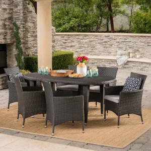 Outdoor 7 Piece Gray Wicker Oval Dining Set with Silver Water Resistant Cushions - NH946203 patio chairs, outdoor seating