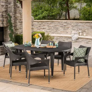 Outdoor 7 Piece Gray Wicker Oval Dining Set with Stacking Chairs - NH156203 patio chairs, outdoor seating