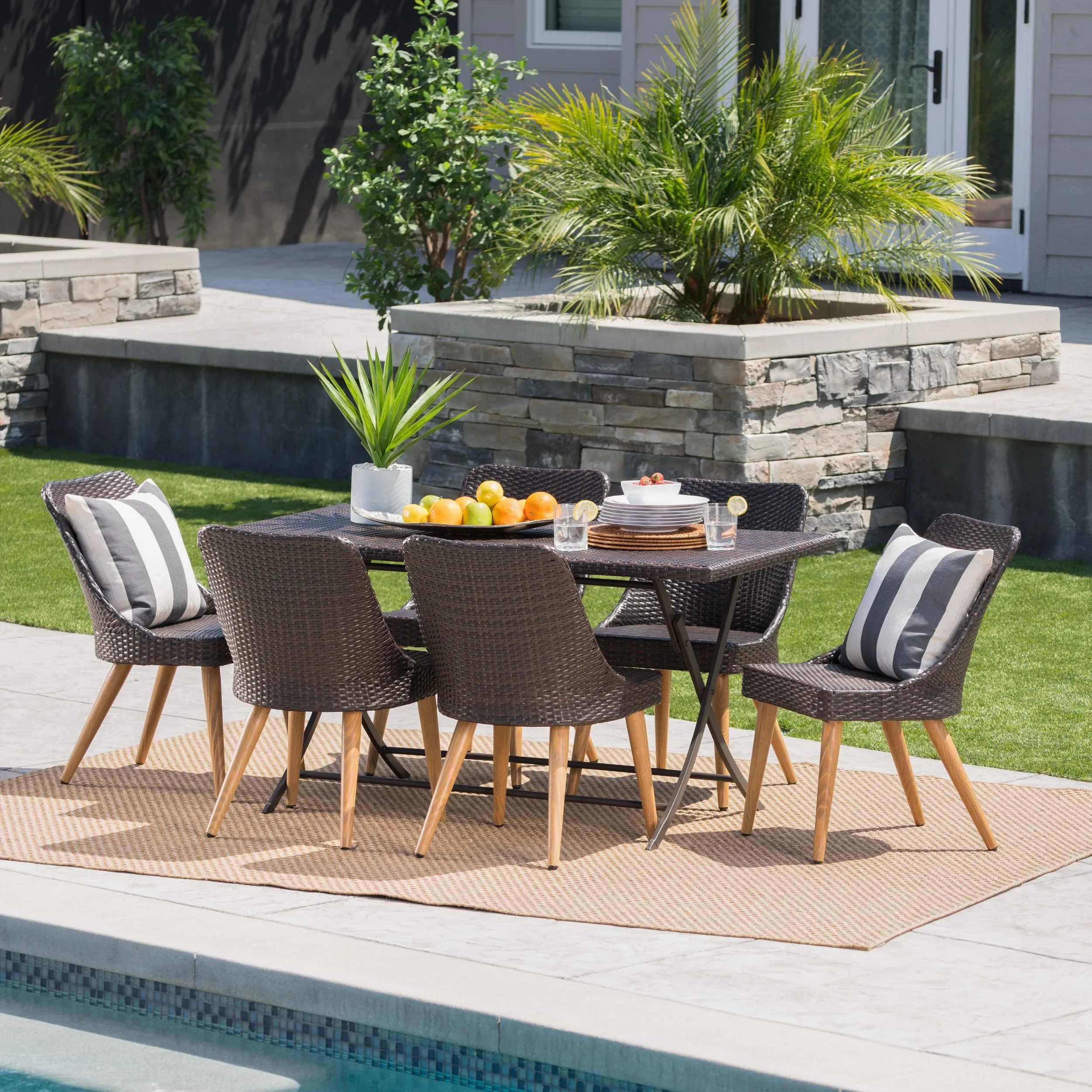 Outdoor 7 Piece Multi-brown Wicker Dining Set - NH220203 patio chairs, outdoor seating