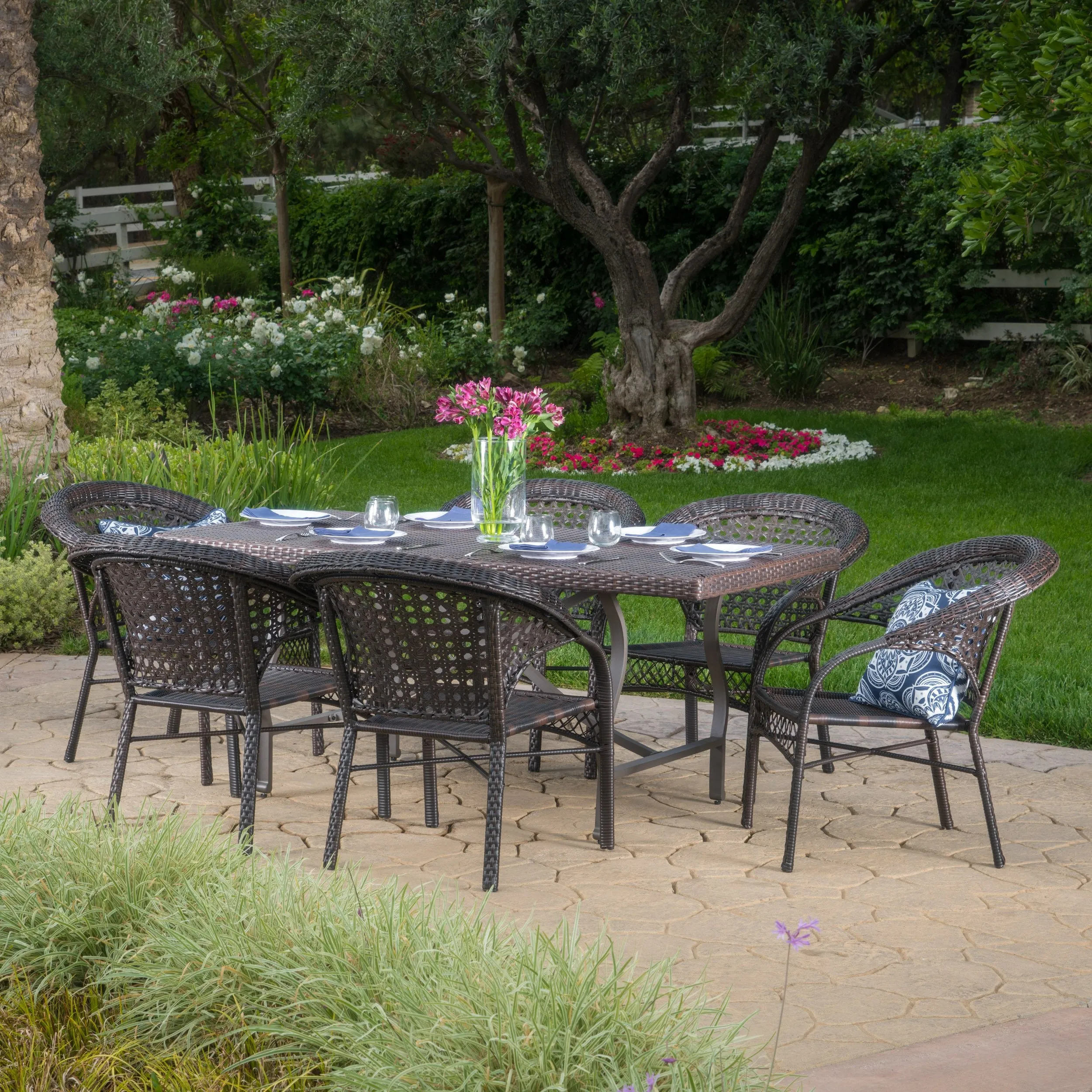 Outdoor 7 Piece Multi-brown Wicker Dining Set - NH455003 patio chairs, outdoor seating