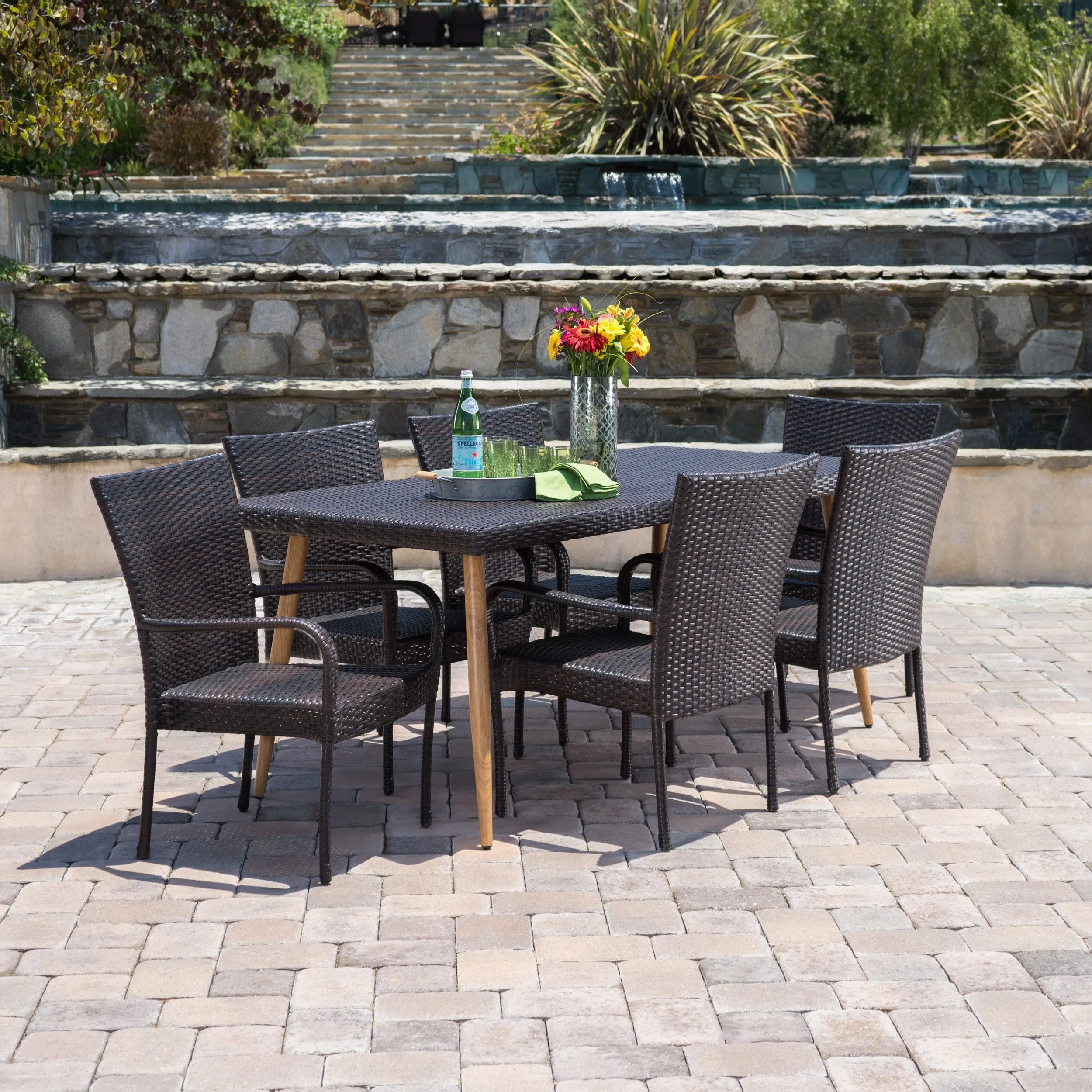 Outdoor 7 Piece Multi-brown Wicker Dining Set - NH860103 patio chairs, outdoor seating