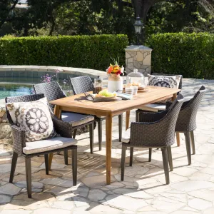 Outdoor 7 Piece Multi-brown Wicker Dining Set with Acacia Wood Table - NH574203 patio chairs, outdoor seating