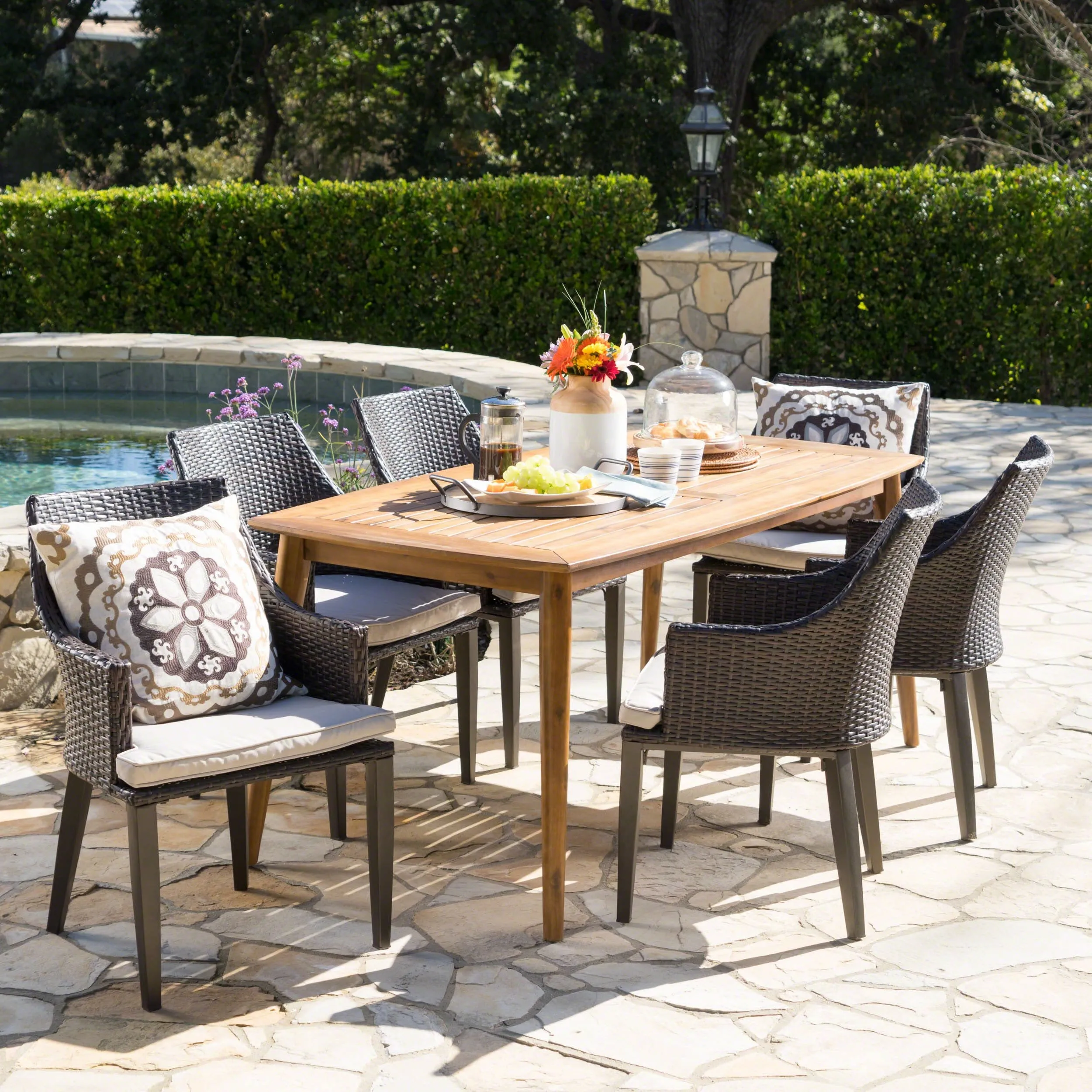 Outdoor 7 Piece Multi-brown Wicker Dining Set with Acacia Wood Table - NH574203 patio chairs, outdoor seating