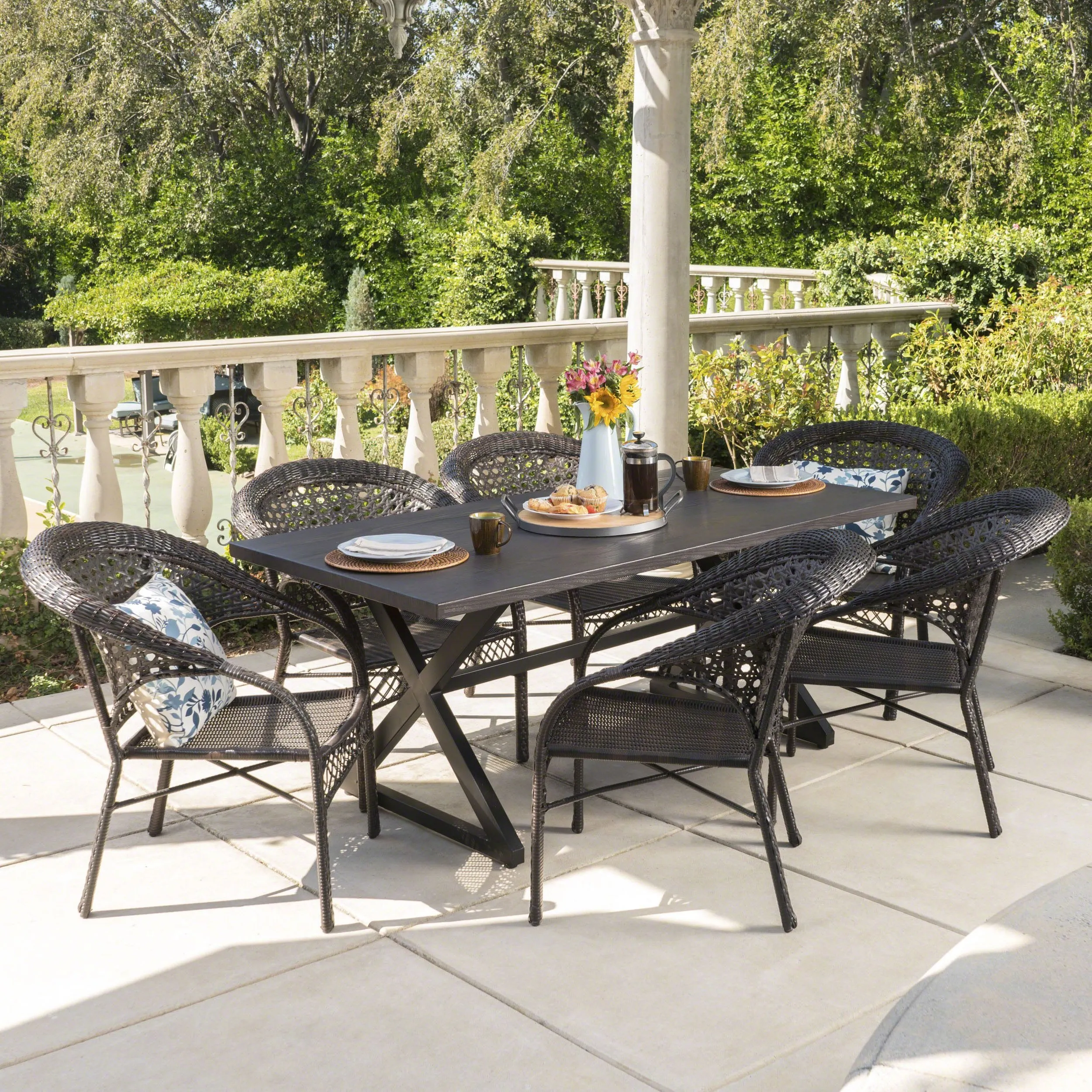 Outdoor 7 Piece Multi-brown Wicker Dining Set with Brown Aluminum Table - NH205203 patio chairs, outdoor seating
