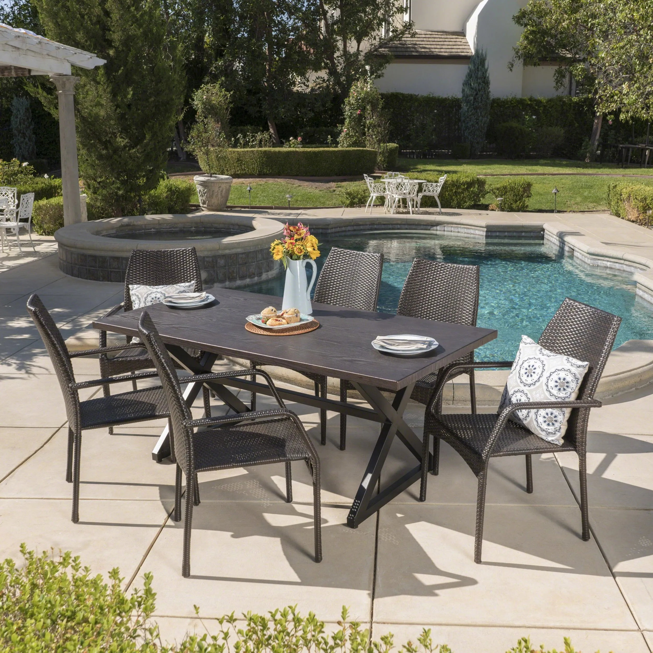 Outdoor 7 Piece Multi-brown Wicker Dining Set with Brown Aluminum Table - NH605203 patio chairs, outdoor seating